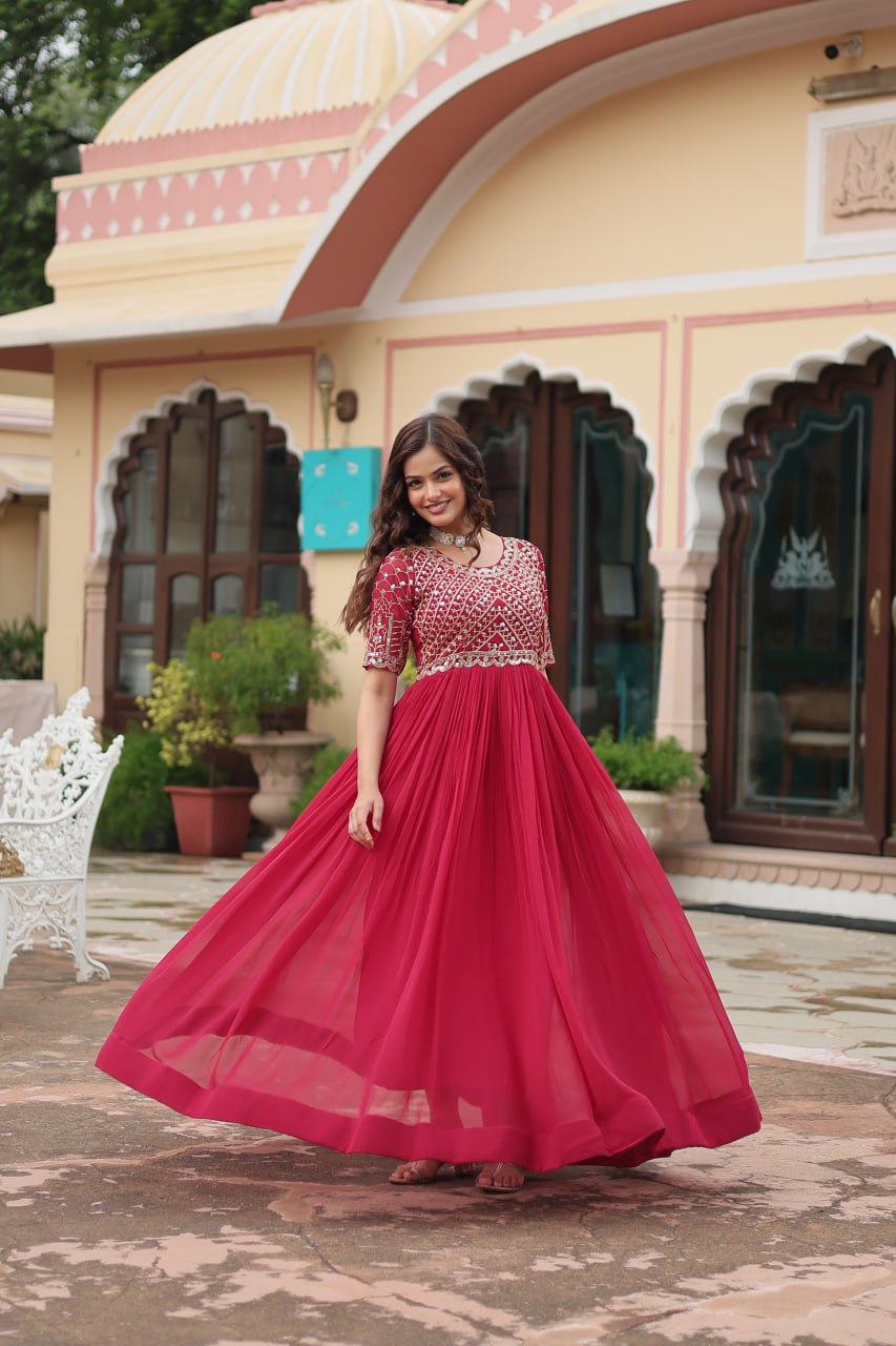 Premium Faux Blooming Designer Gown with Zari & Sequins Embroidery