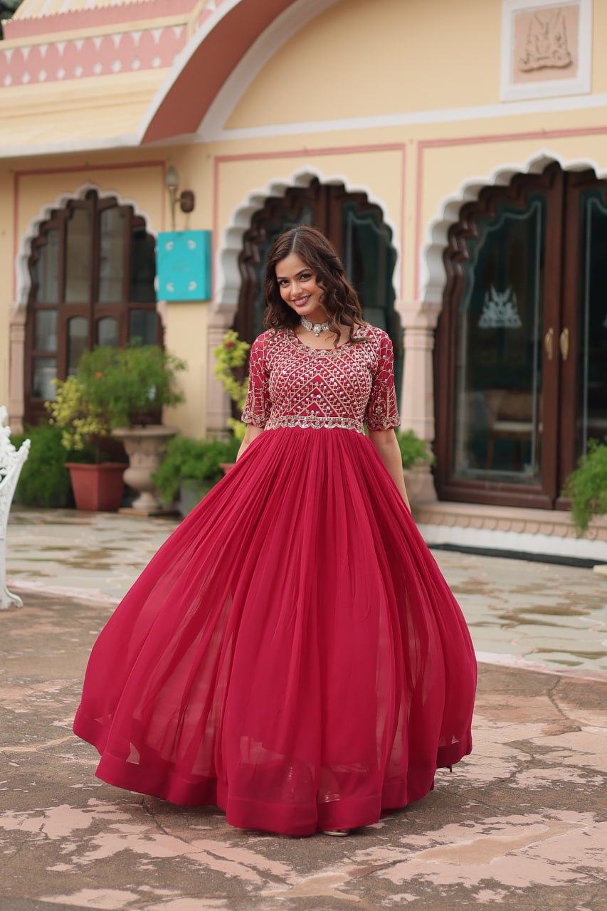 Premium Faux Blooming Designer Gown with Zari & Sequins Embroidery