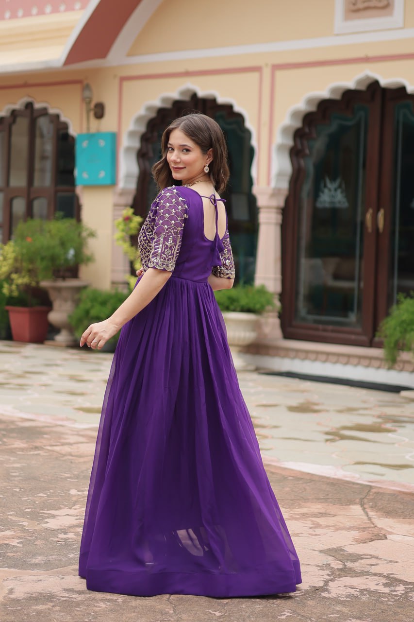 Premium Faux Blooming Designer Gown with Zari & Sequins Embroidery