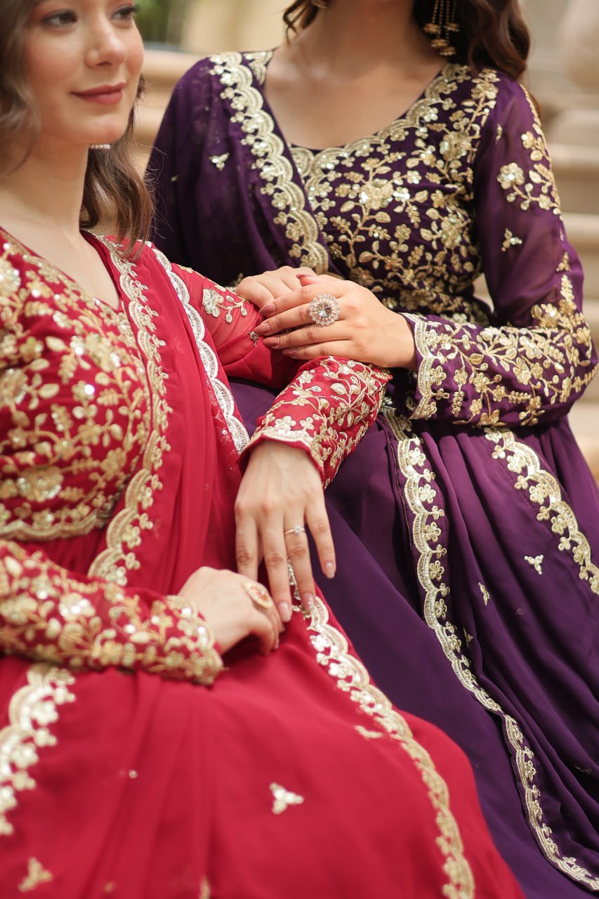 Elegant Faux Blooming Gown with Multi-Embroidered Sequins & Zari Work