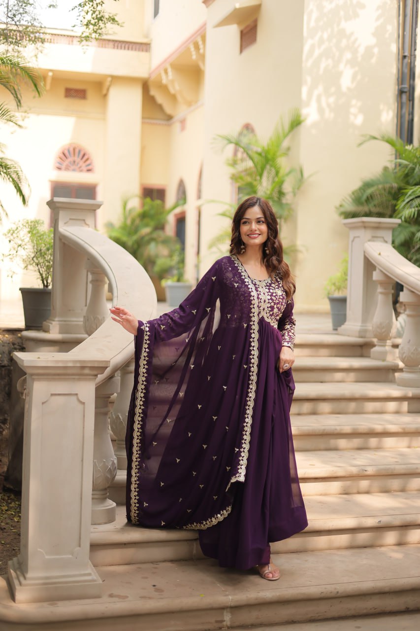 Elegant Faux Blooming Gown with Multi-Embroidered Sequins & Zari Work