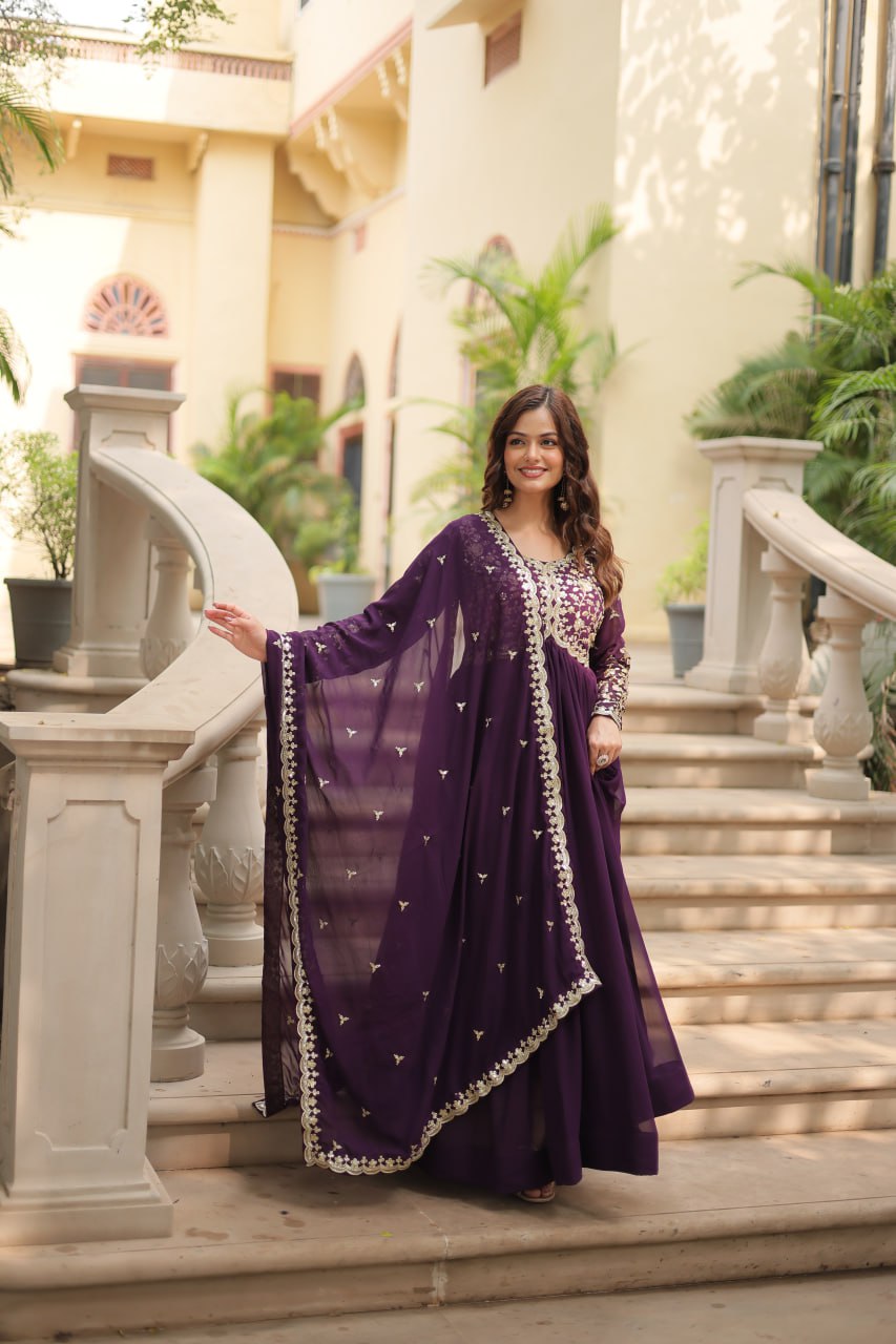 Elegant Faux Blooming Gown with Multi-Embroidered Sequins & Zari Work