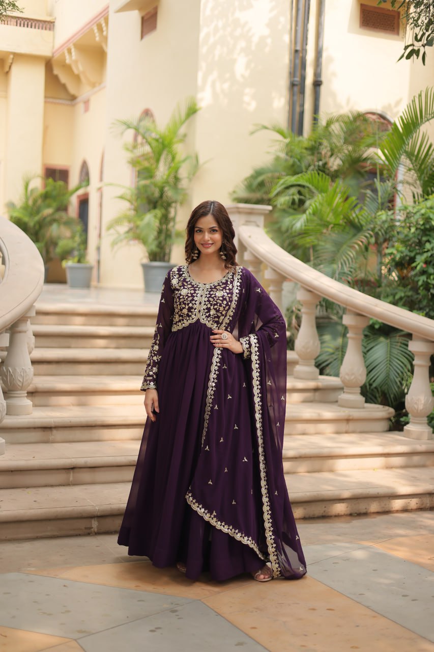 Elegant Faux Blooming Gown with Multi-Embroidered Sequins & Zari Work