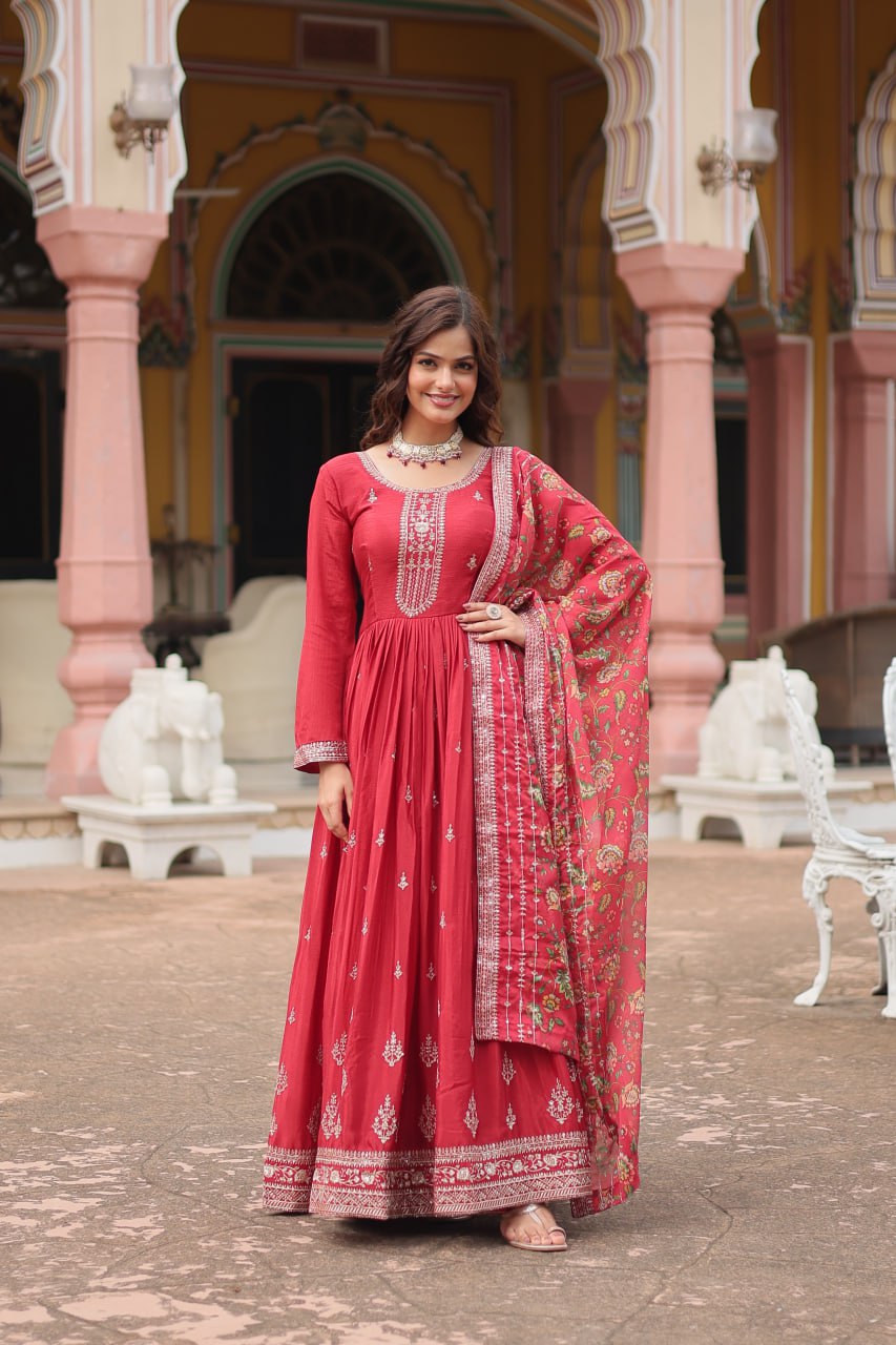 Chinon Gown with Sequins Embroidery & Kalamkari Dupatta