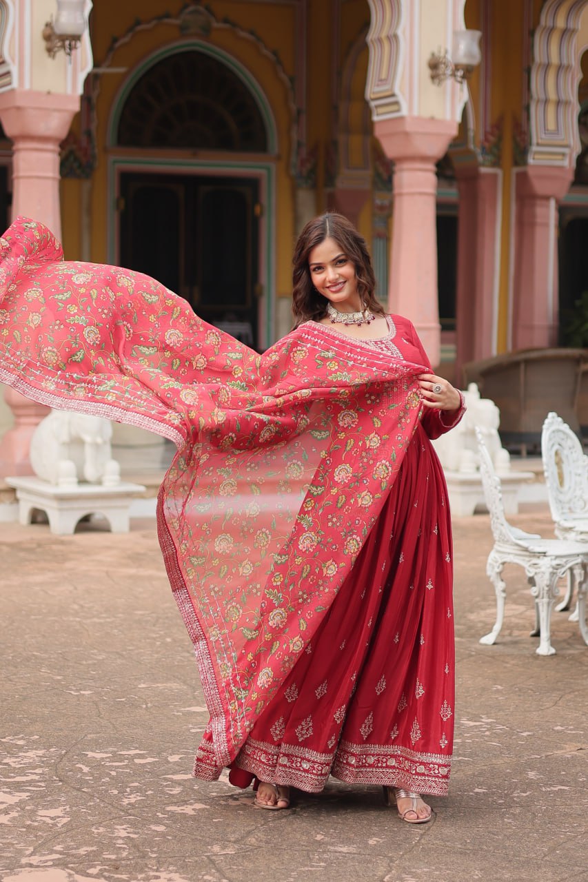 Chinon Gown with Sequins Embroidery & Kalamkari Dupatta