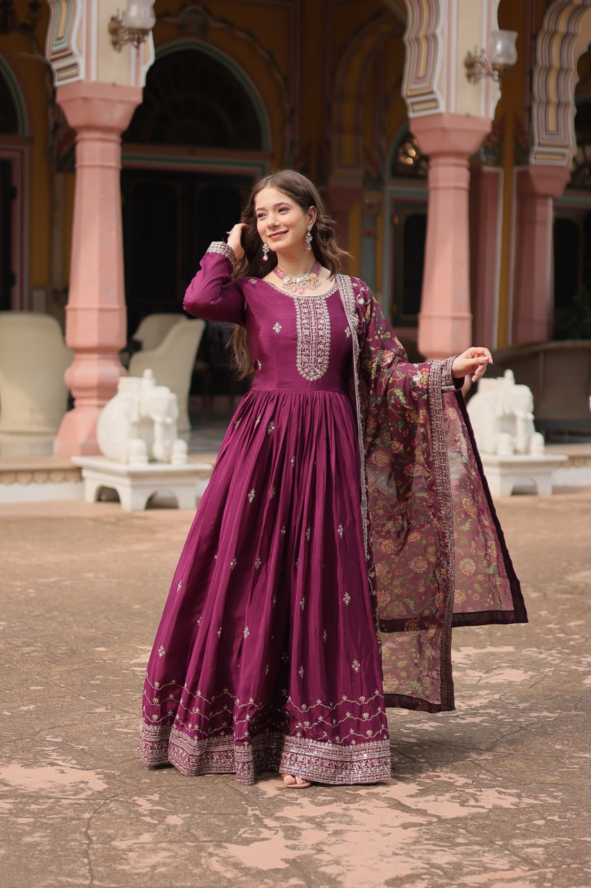 Chinon Gown with Sequins Embroidery & Kalamkari Dupatta