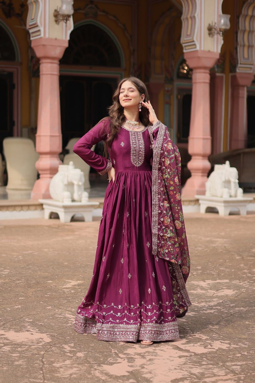 Chinon Gown with Sequins Embroidery & Kalamkari Dupatta