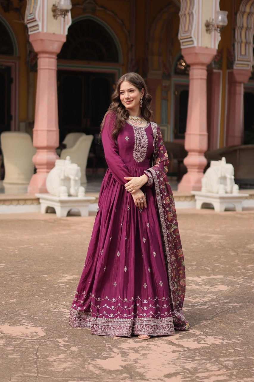 Chinon Gown with Sequins Embroidery & Kalamkari Dupatta