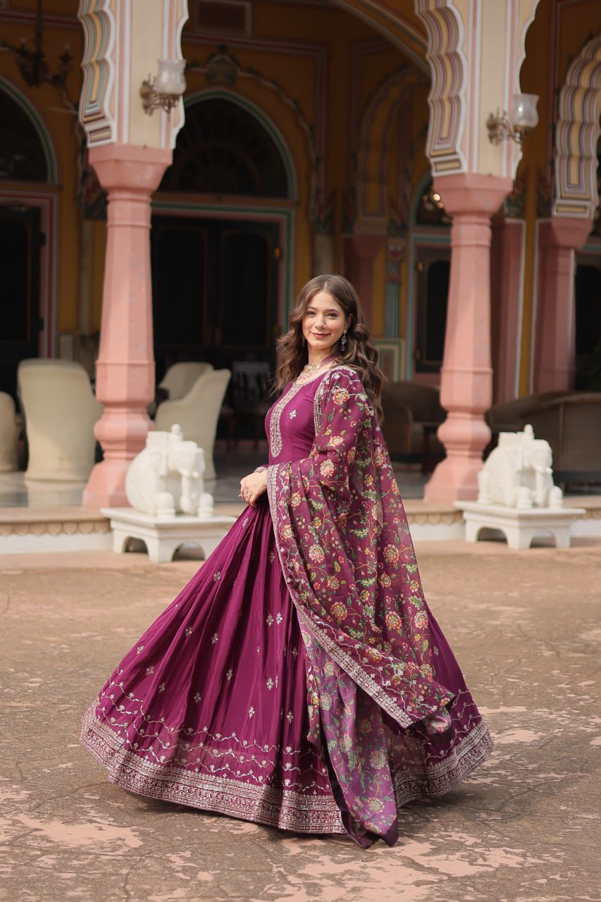 Chinon Gown with Sequins Embroidery & Kalamkari Dupatta