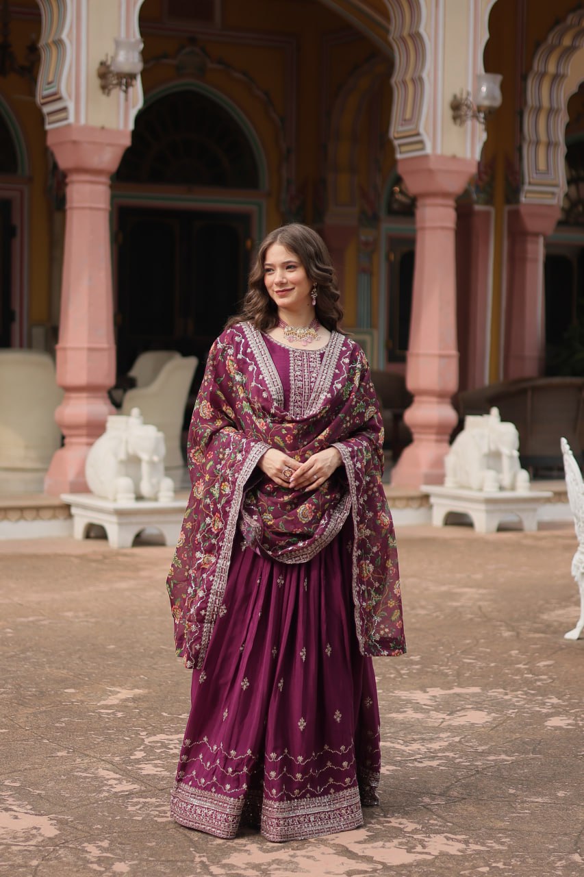 Chinon Gown with Sequins Embroidery & Kalamkari Dupatta