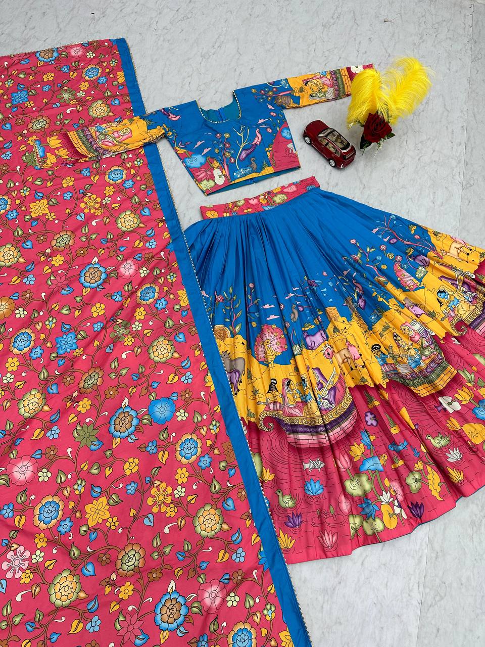 Festival Kalamkari Cotton Lehenga Choli Set with Flair & Dupatta