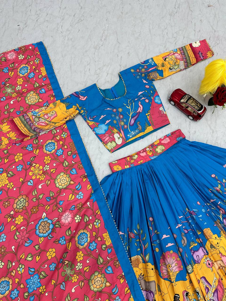 Festival Kalamkari Cotton Lehenga Choli Set with Flair & Dupatta