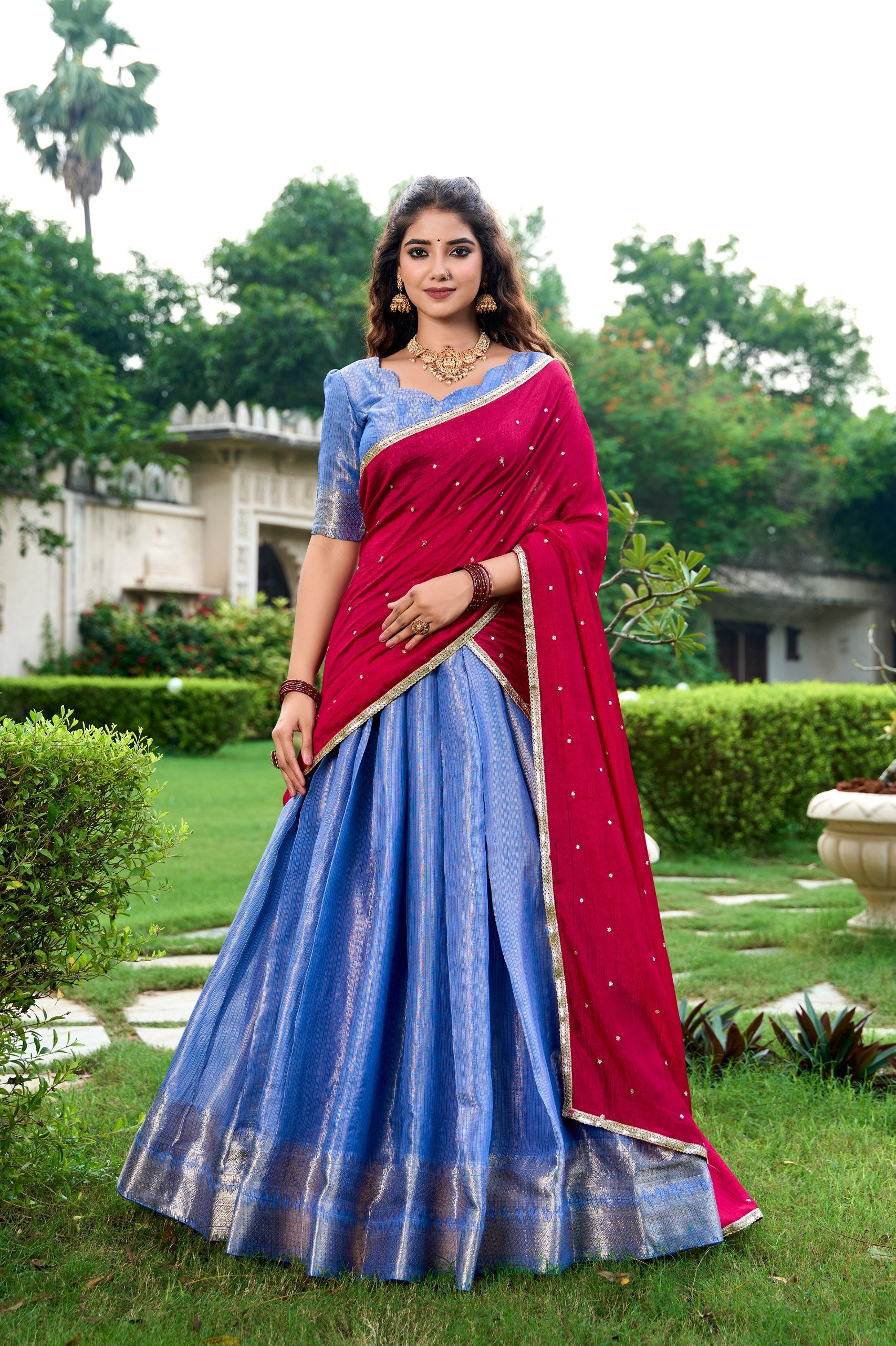 Blue Kanchipuram Silk Half Saree Set for Traditional Occasions