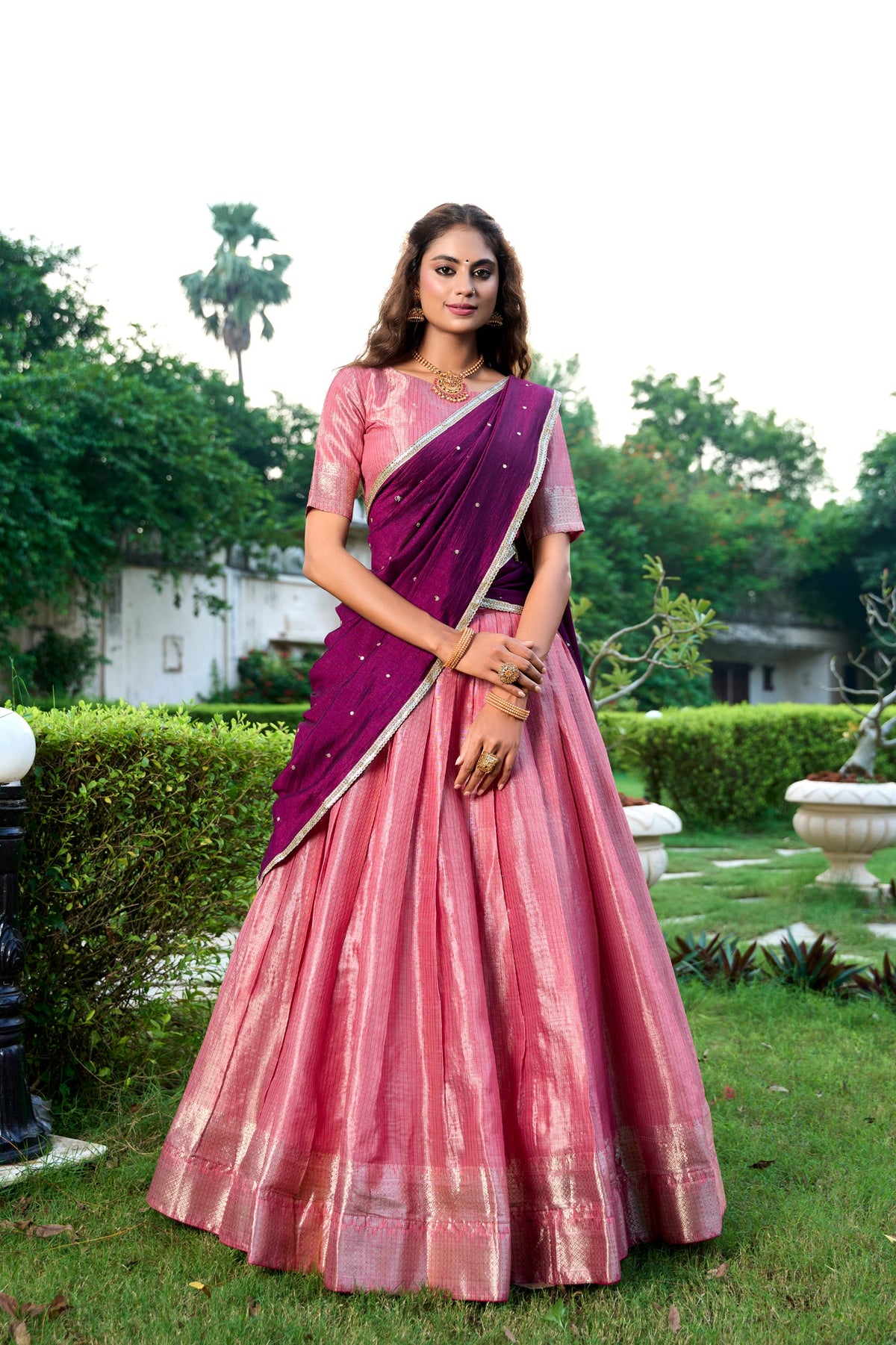 Pink Kanchipuram Silk Half Saree with Designer Dupatta