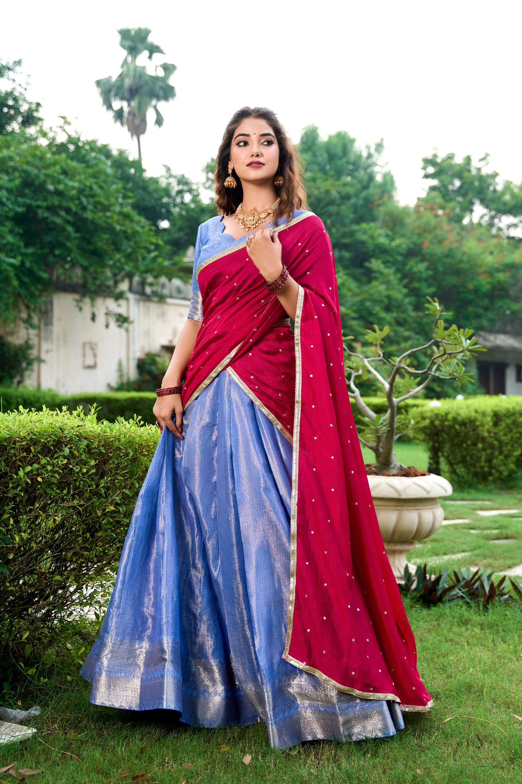 Blue Kanchipuram Silk Half Saree Set for Traditional Occasions