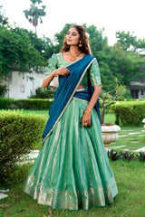 Green Kanchipuram Silk Half Saree with Zari Weaving for Festive Wear