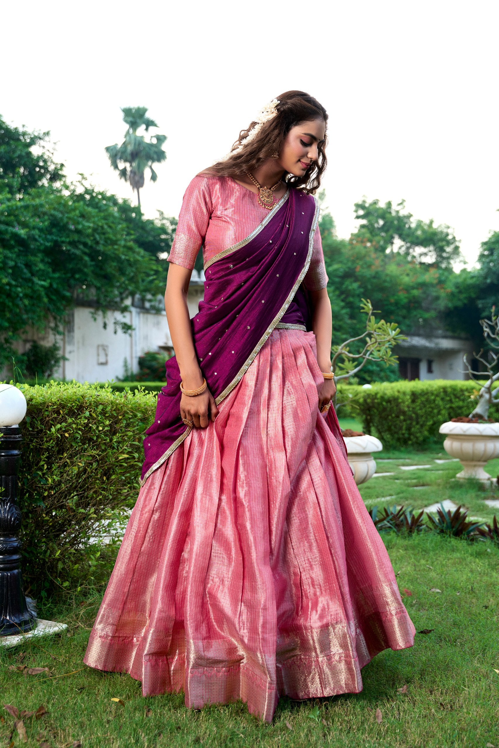 Pink Kanchipuram Silk Half Saree with Designer Dupatta