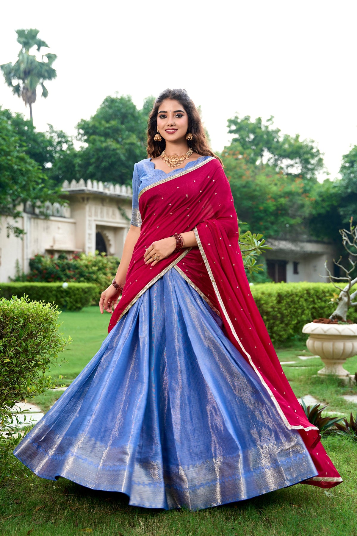 Blue Kanchipuram Silk Half Saree Set for Traditional Occasions