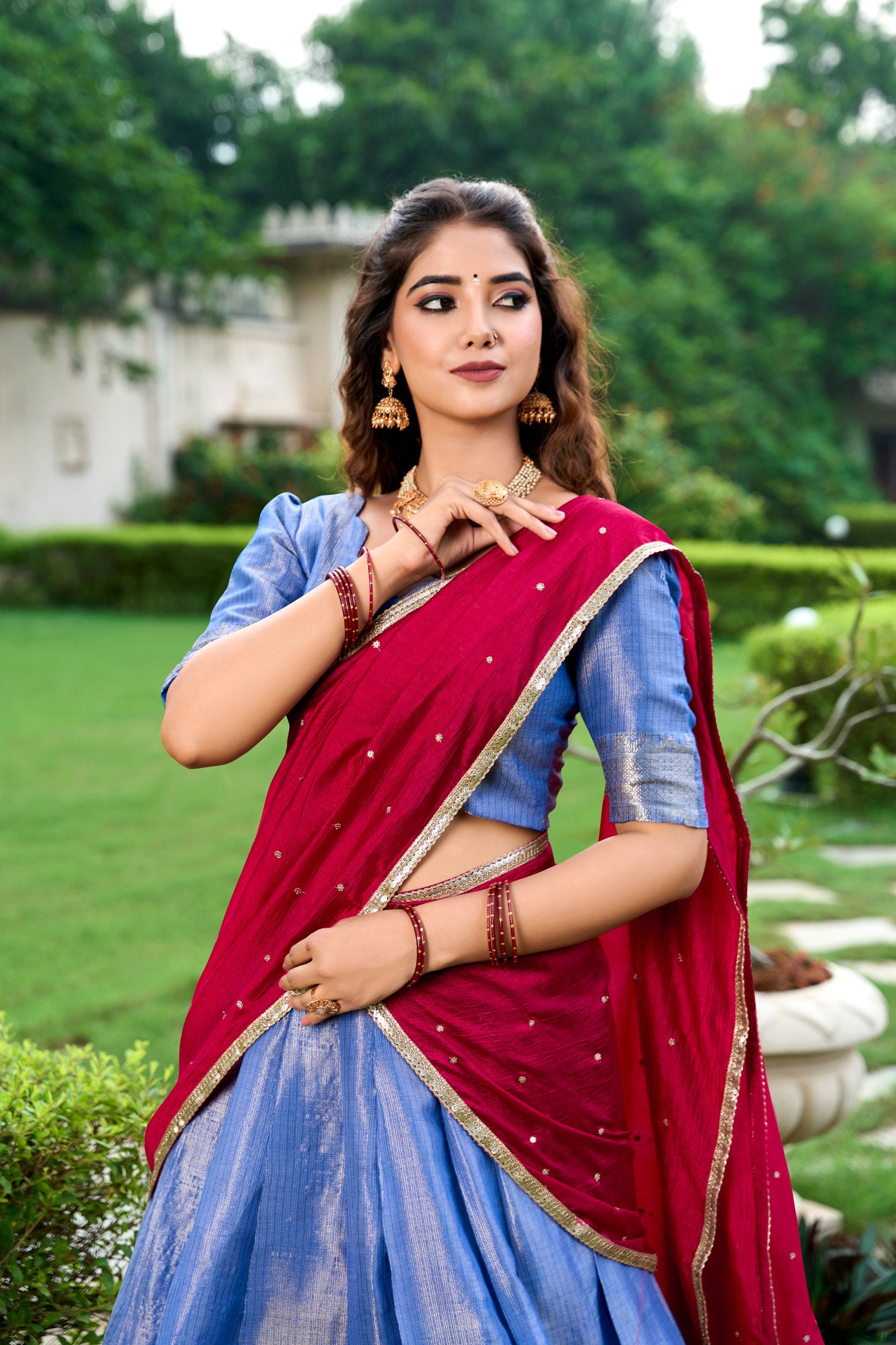 Blue Kanchipuram Silk Half Saree Set for Traditional Occasions