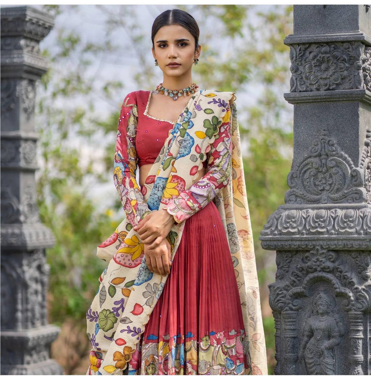 Festival-Ready Kalamkari-Print Lehenga Choli with Elegant Dupatta