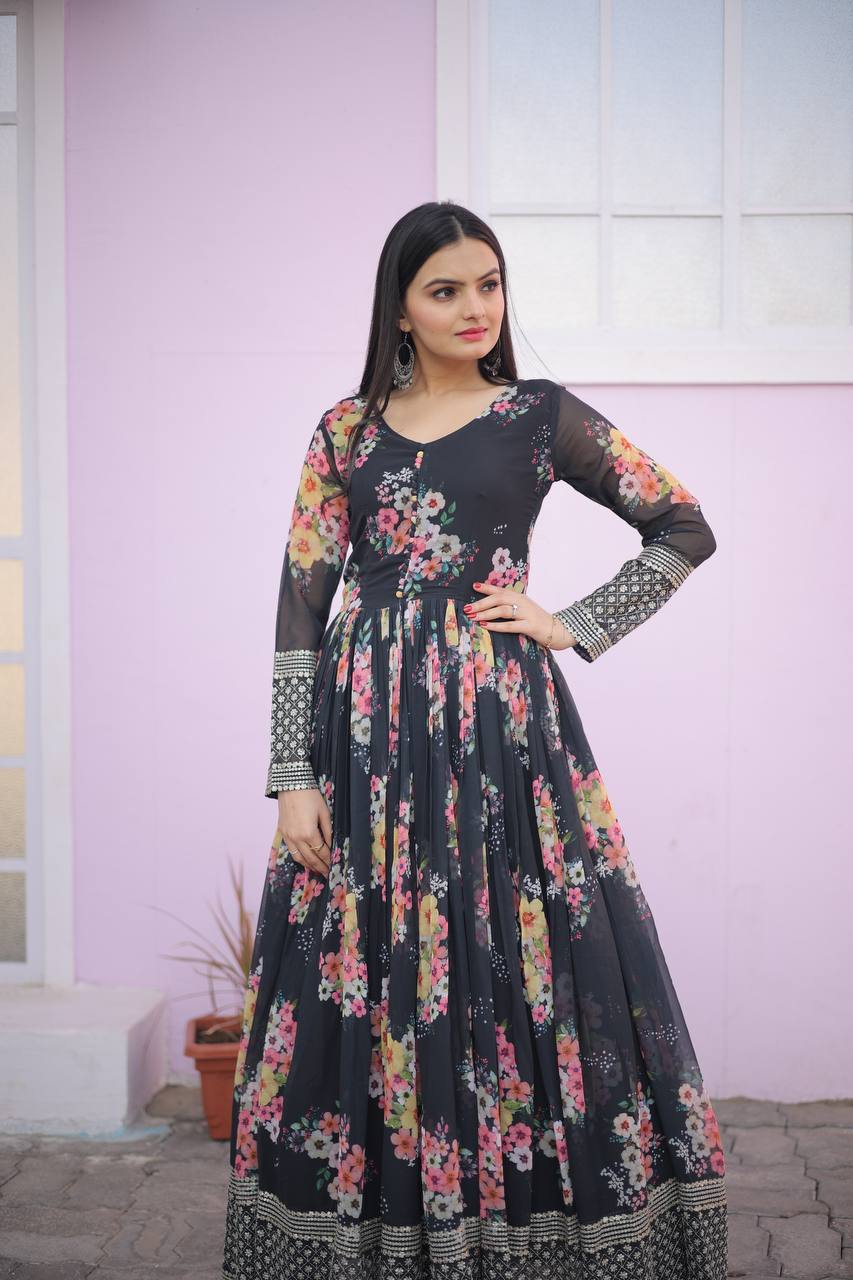 Floral Printed & Embroidered Georgette Ethnic Gown