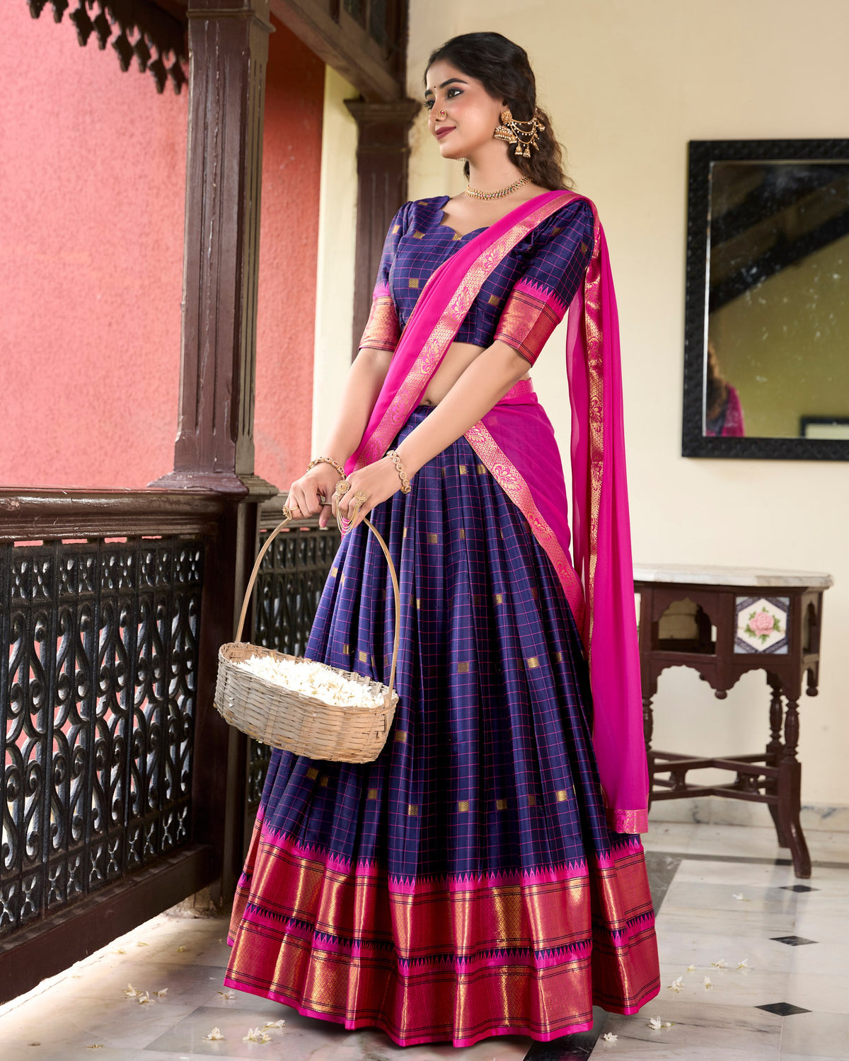 Navy Blue Paithani Artistry Cotton Silk Lehenga Choli with Weaving Work & Georgette Dupatta