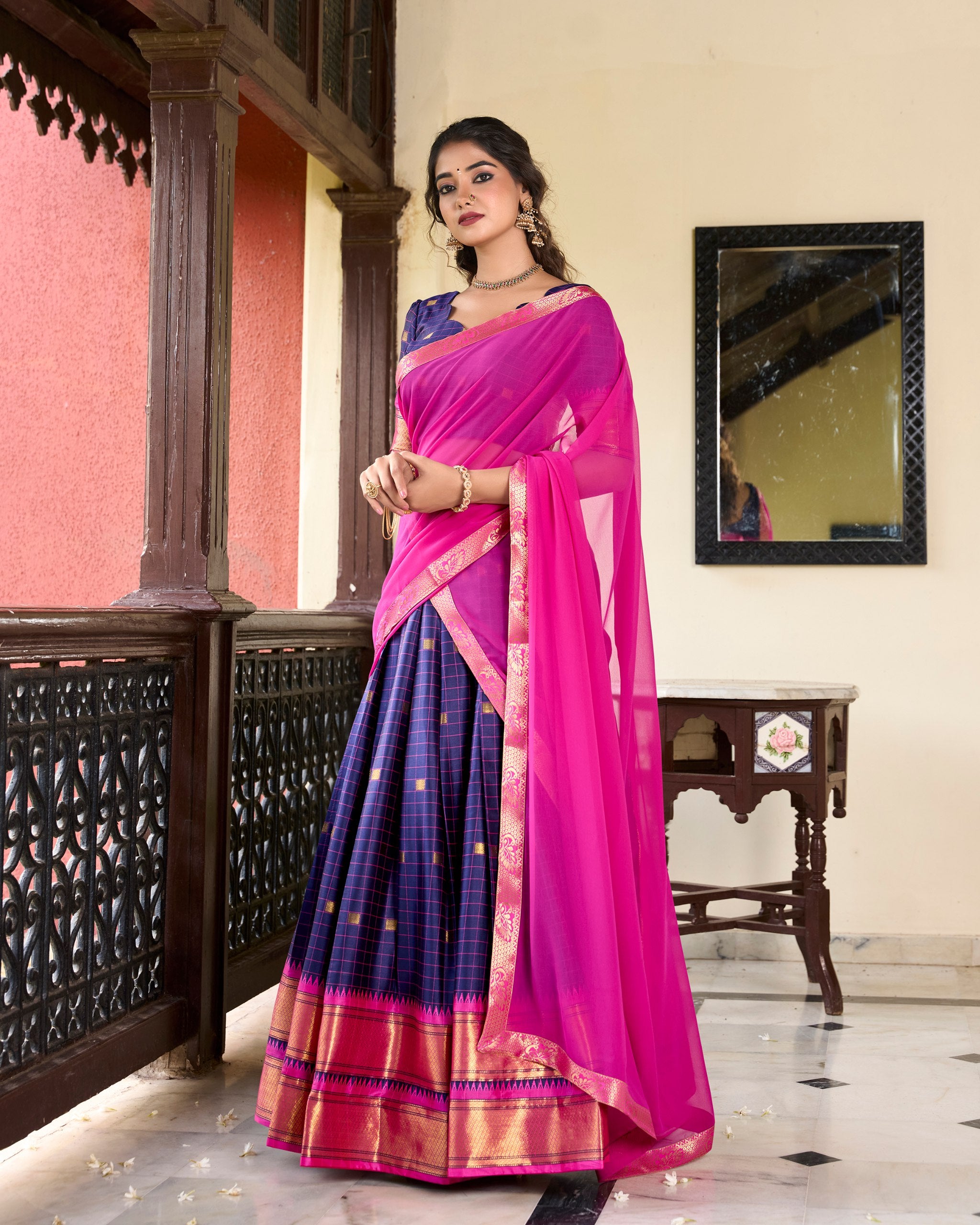 Navy Blue Paithani Artistry Cotton Silk Lehenga Choli with Weaving Work & Georgette Dupatta