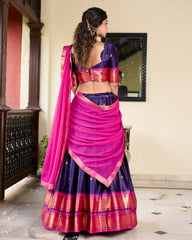 Navy Blue Paithani Artistry Cotton Silk Lehenga Choli with Weaving Work & Georgette Dupatta