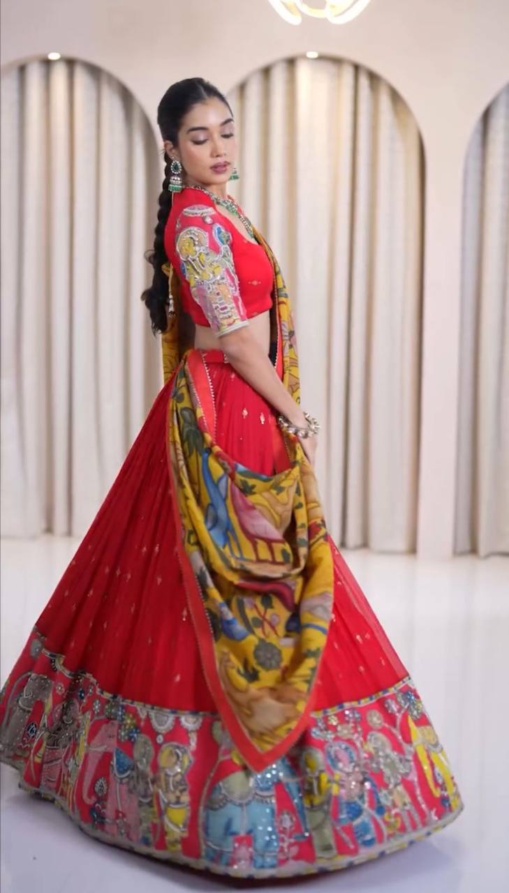 Elegant Kalamkari-Print Red Lehenga Choli with Embroidery and Dupatta