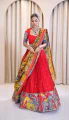 Elegant Kalamkari-Print Red Lehenga Choli with Embroidery and Dupatta