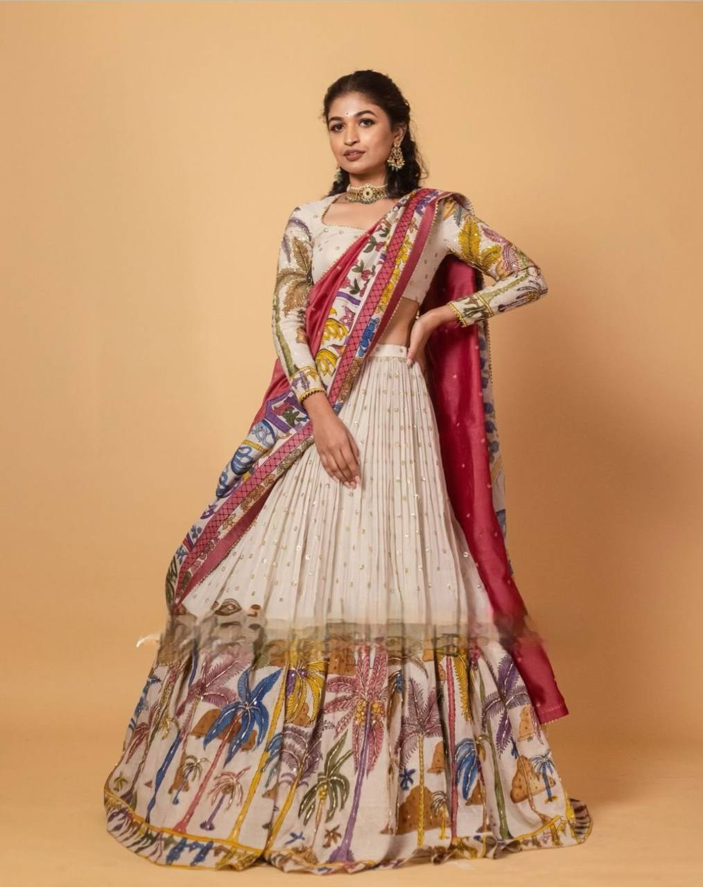 Festive Special Kalamkari Chent Crepe Lehenga Choli with Sequins and Embroidery – Fully Stitched