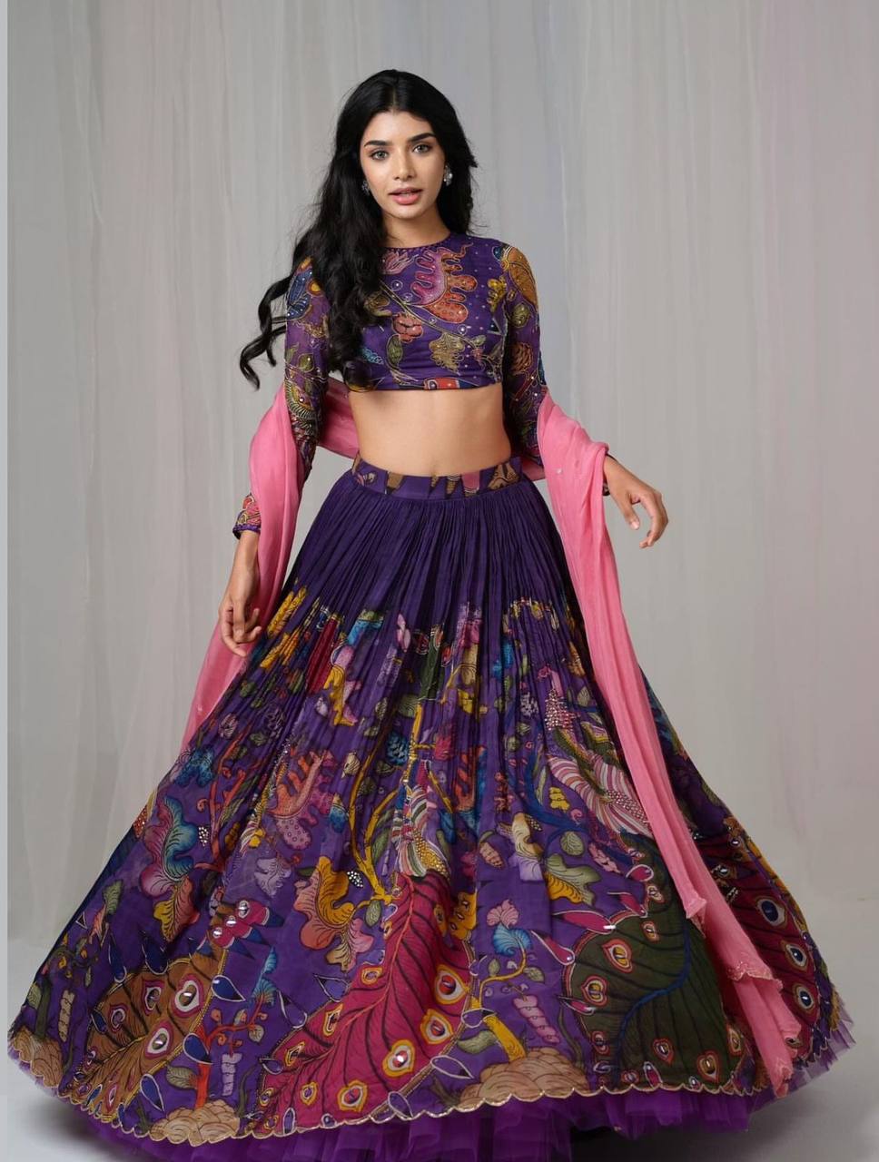 Festive Cotton Lehenga Choli with Kalamkari Print & Georgette Dupatta