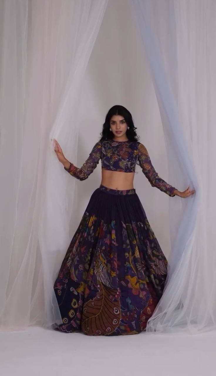 Festive Cotton Lehenga Choli with Kalamkari Print & Georgette Dupatta