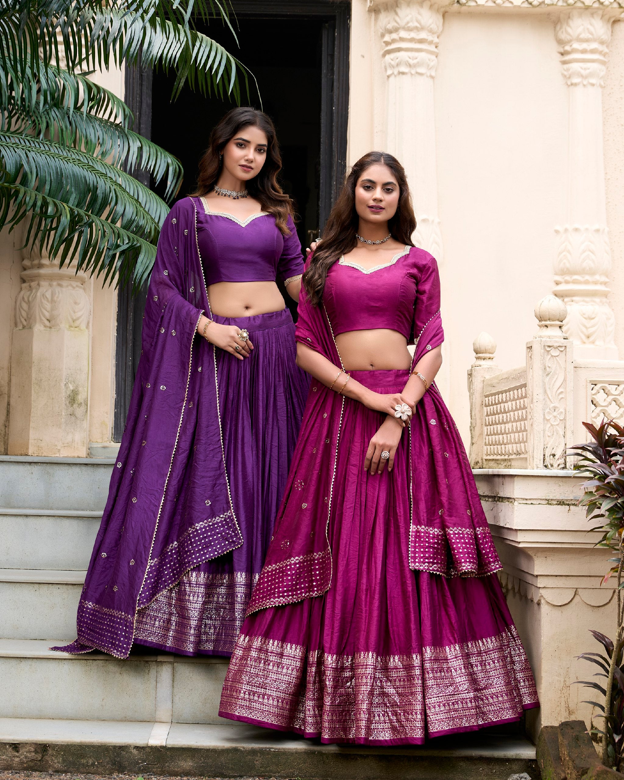 Deep Purple Pure Chanderi Lehenga Choli with Embroidered Dupatta