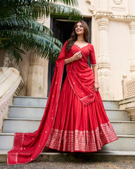 Red Pure Chanderi Lehenga Choli with Zari Border and Sequin Dupatta