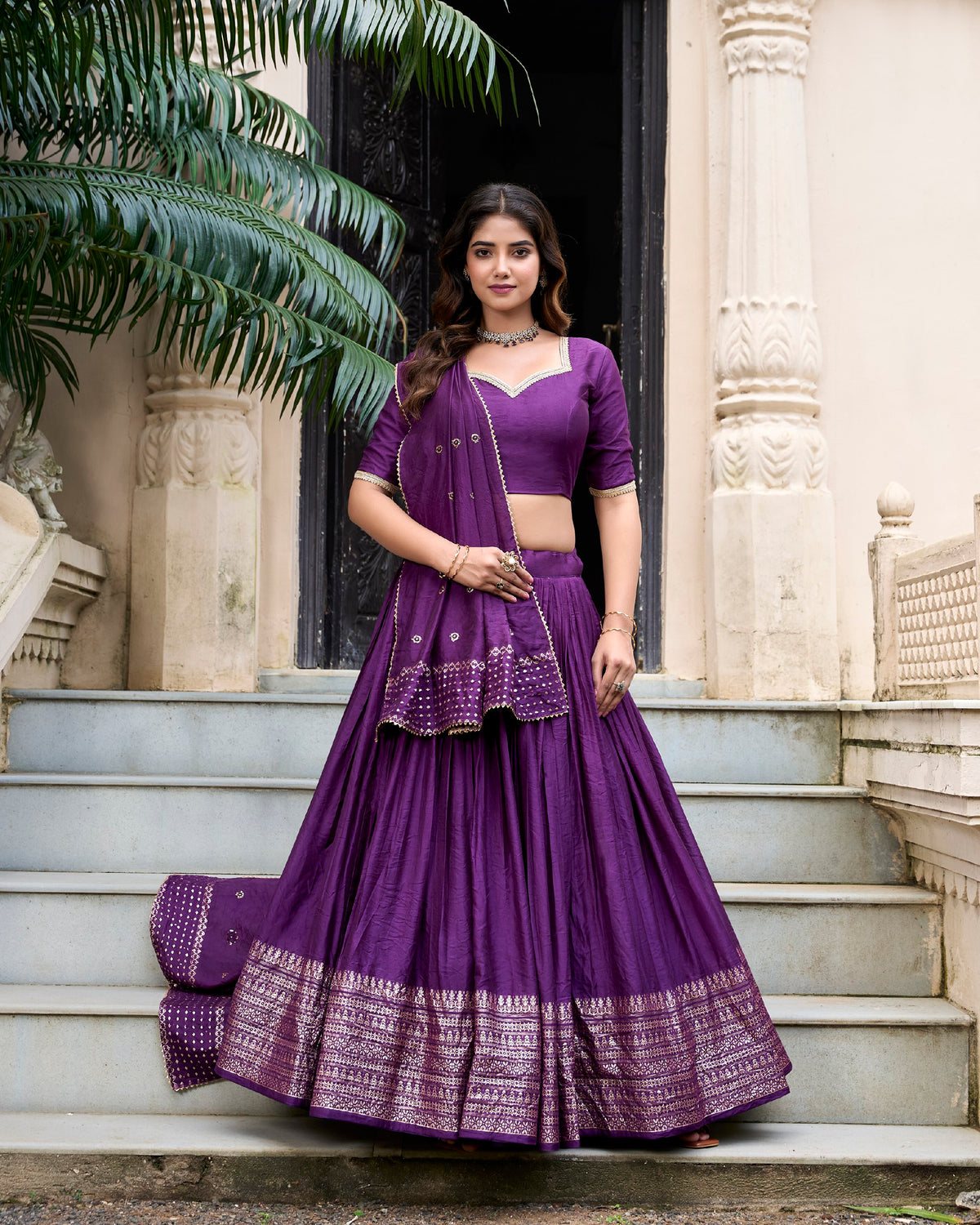 Deep Purple Pure Chanderi Lehenga Choli with Embroidered Dupatta