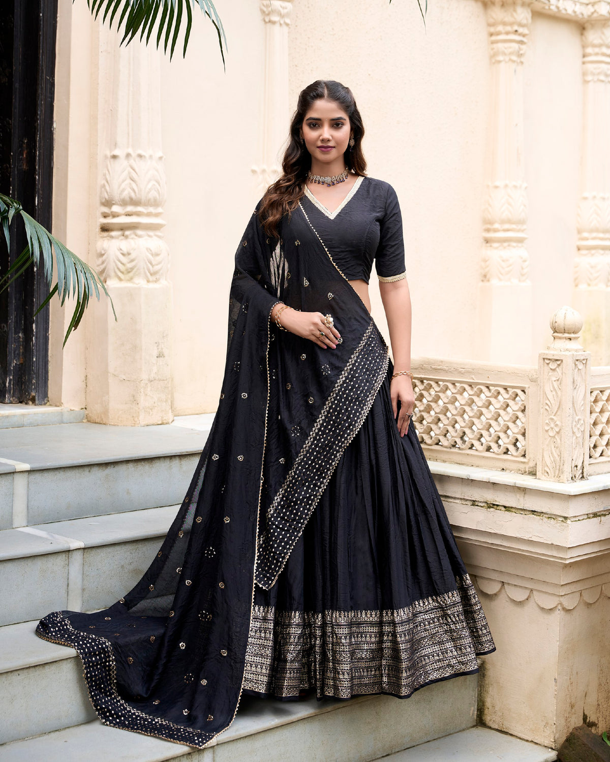 Black Chanderi Zari Work Lehenga Choli with Elegant Lace Detailing