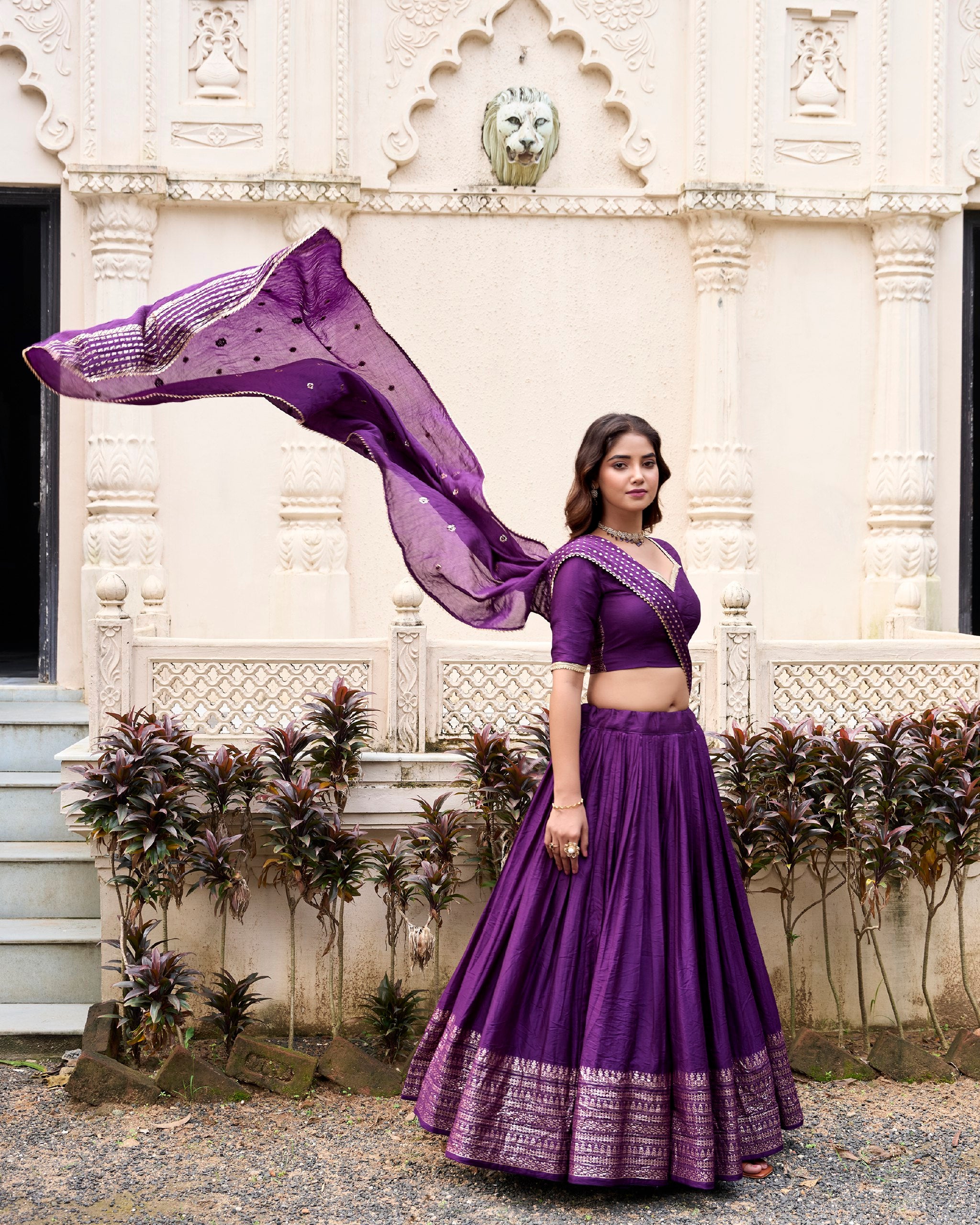 Deep Purple Pure Chanderi Lehenga Choli with Embroidered Dupatta