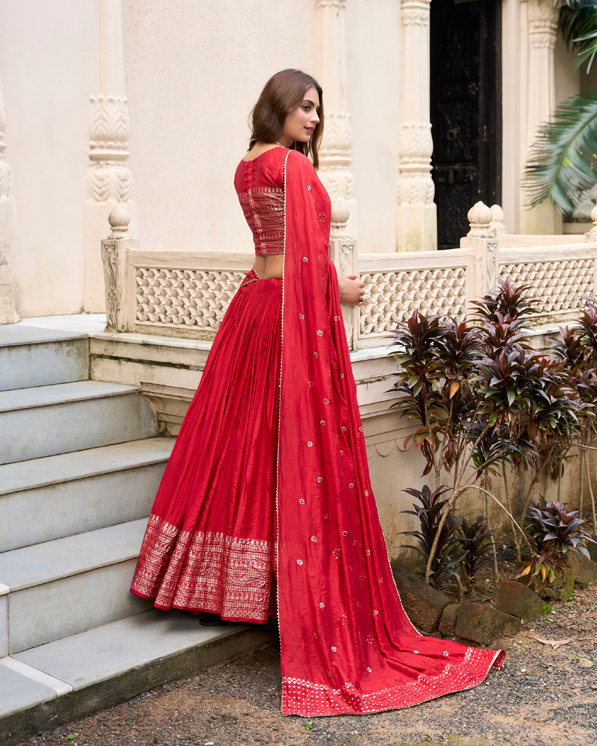 Red Pure Chanderi Lehenga Choli with Zari Border and Sequin Dupatta