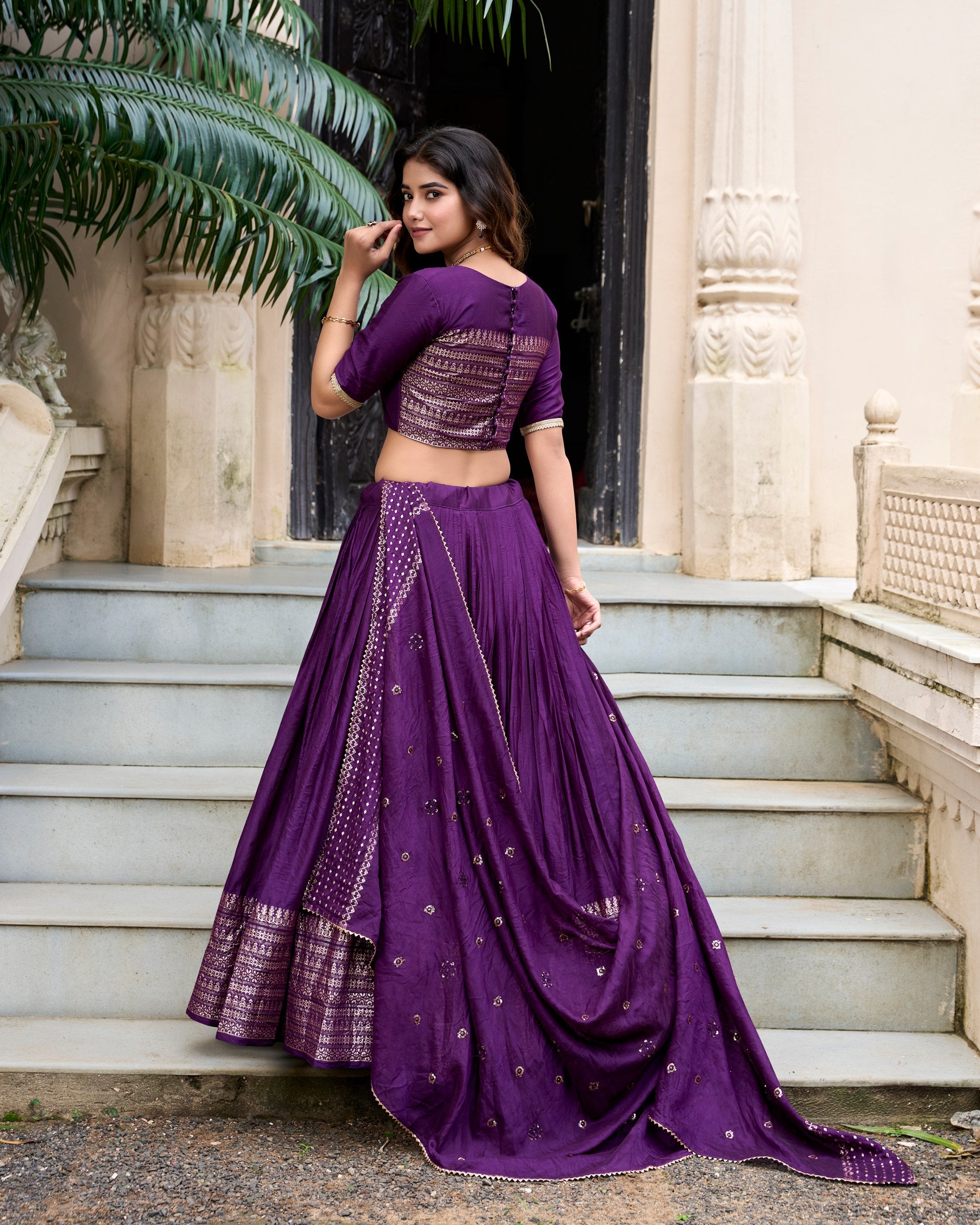 Deep Purple Pure Chanderi Lehenga Choli with Embroidered Dupatta