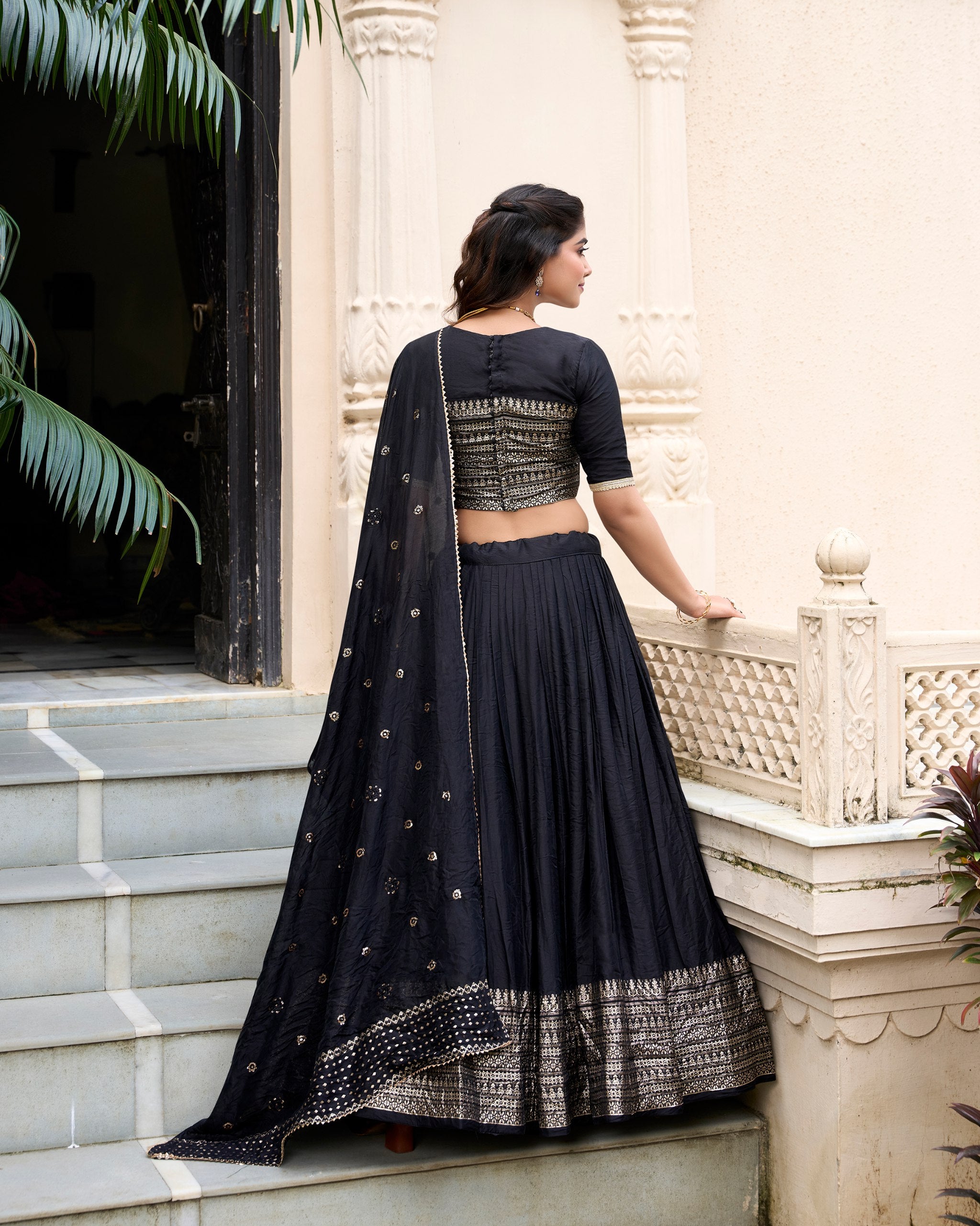 Black Chanderi Zari Work Lehenga Choli with Elegant Lace Detailing