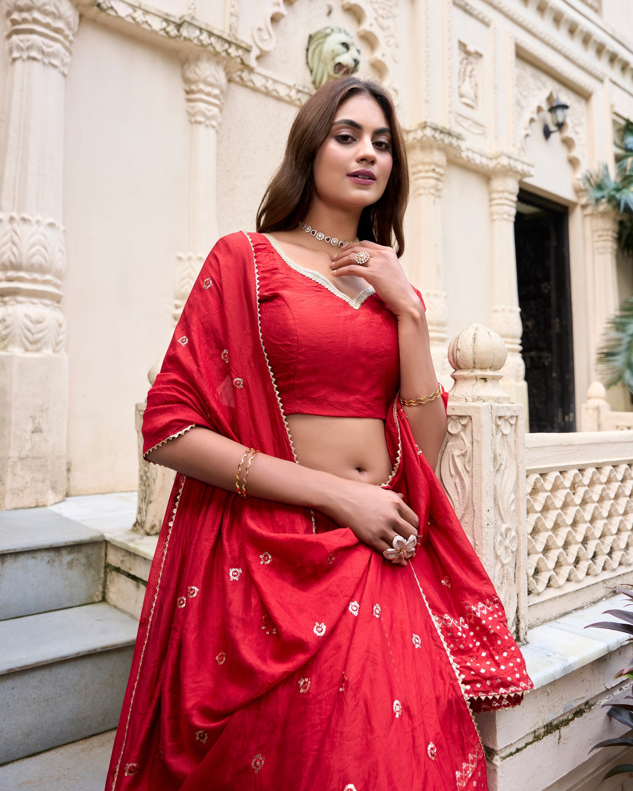 Red Pure Chanderi Lehenga Choli with Zari Border and Sequin Dupatta