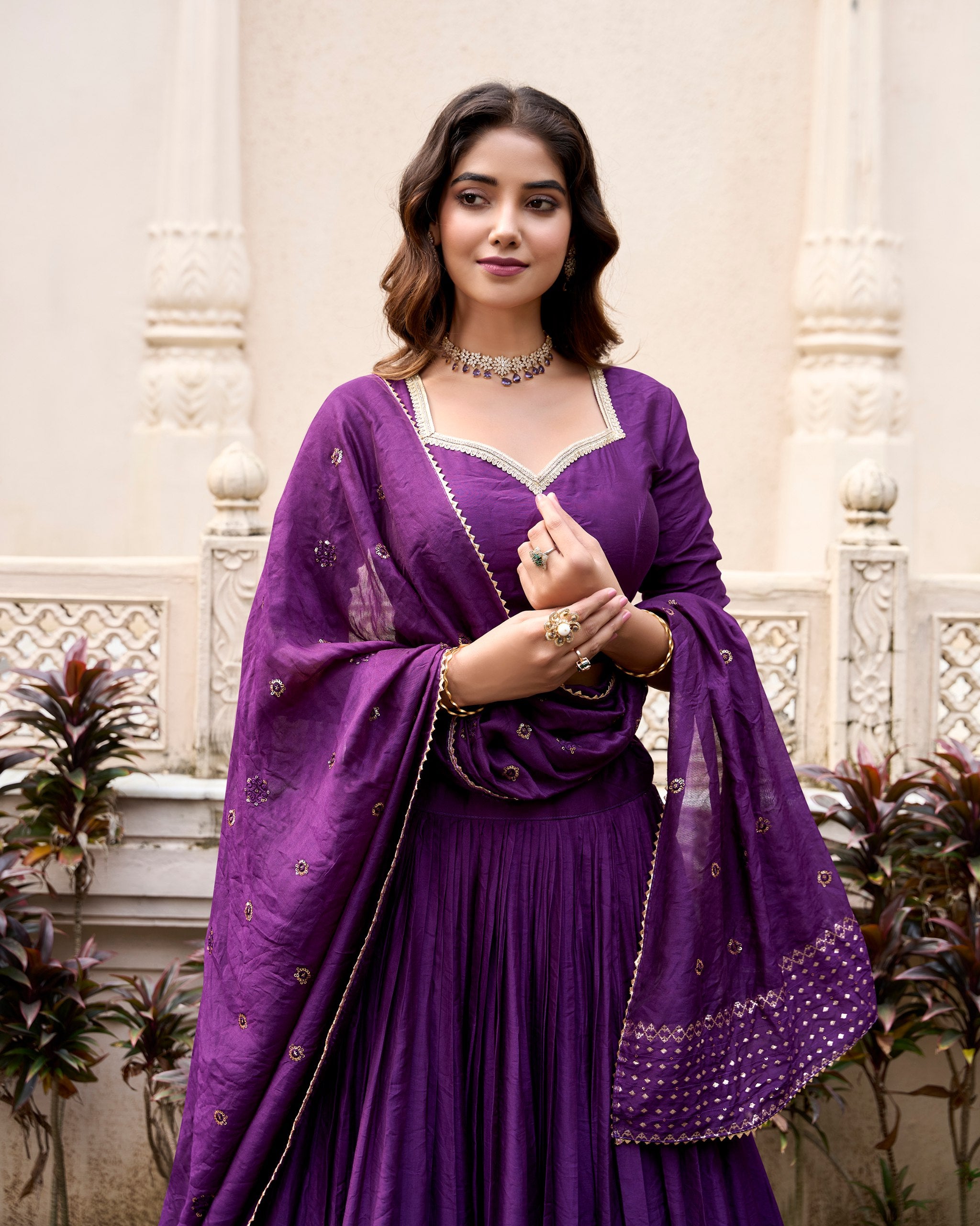 Deep Purple Pure Chanderi Lehenga Choli with Embroidered Dupatta