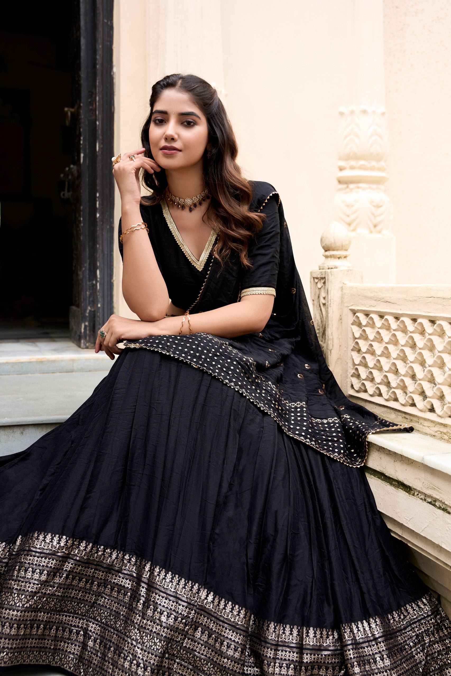 Black Chanderi Zari Work Lehenga Choli with Elegant Lace Detailing