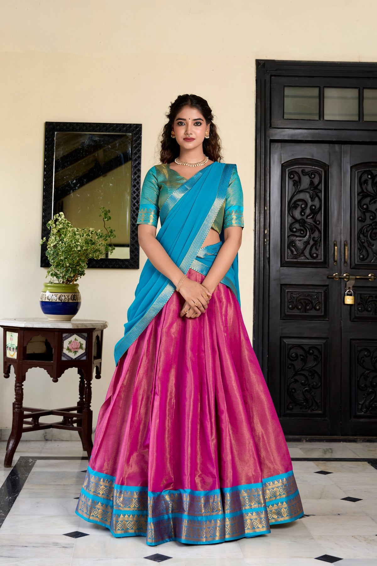 Pink Kanchipuram Silk Traditional Lehenga Choli with Lace Border Dupatta