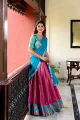 Pink Kanchipuram Silk Traditional Lehenga Choli with Lace Border Dupatta