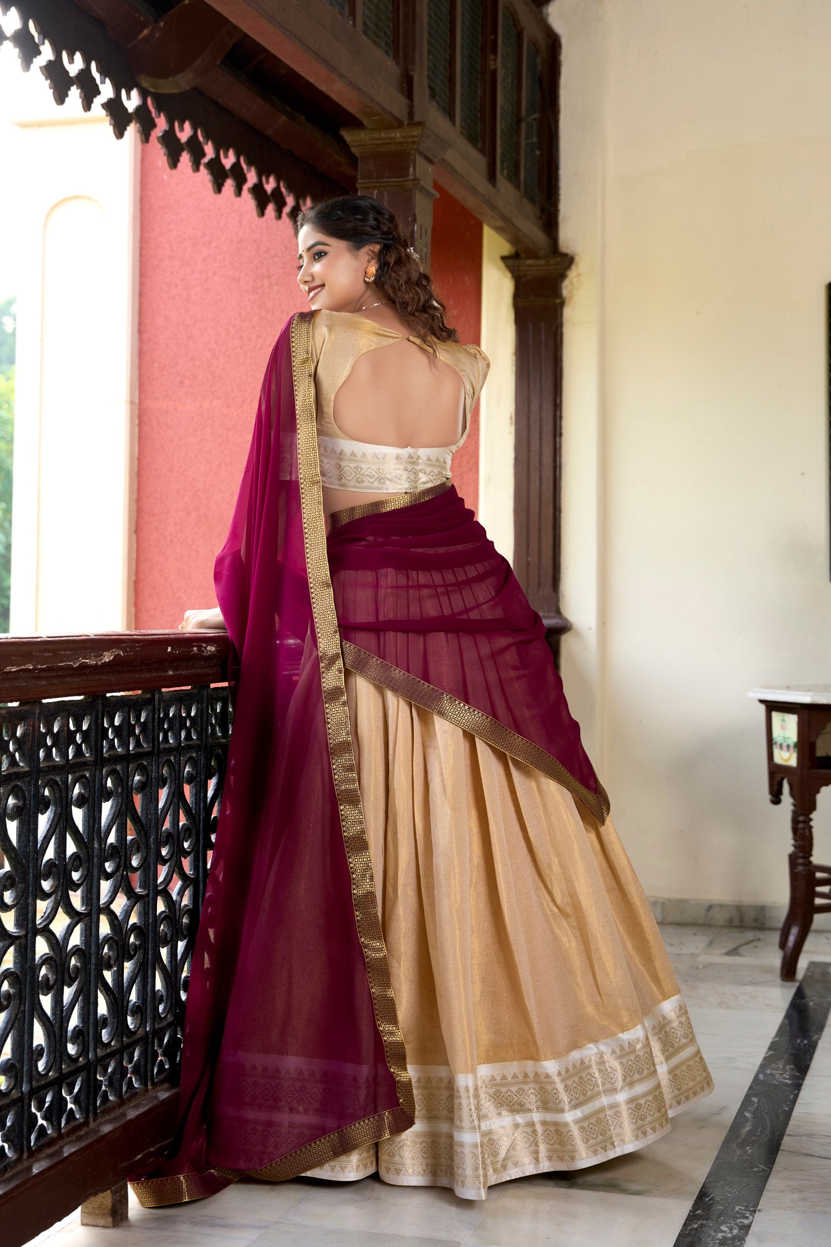 Cream Kanchipuram Silk Heritage Lehenga Choli with Regal Zari Work