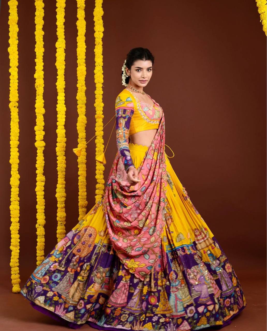 Traditional Kalamkari Lehenga Choli Set in Chent Crepe with Dupatta