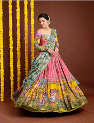 Traditional Kalamkari Lehenga Choli Set in Chent Crepe with Dupatta