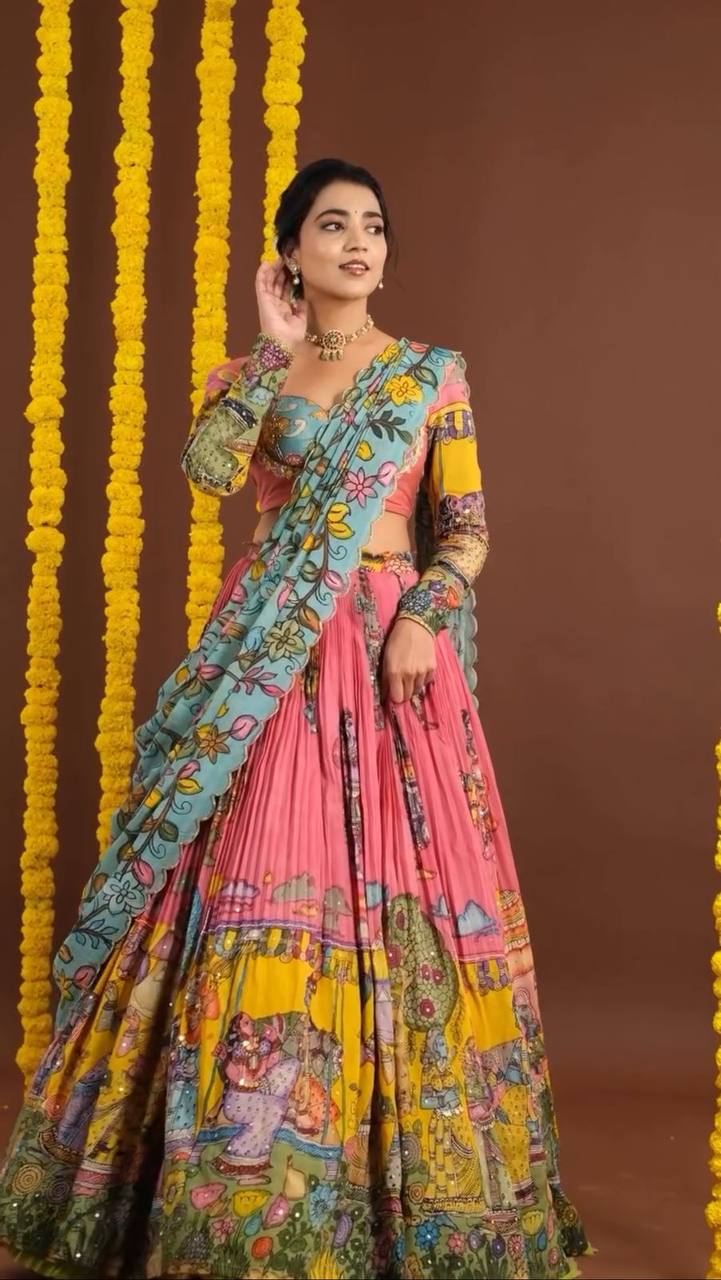 Traditional Kalamkari Lehenga Choli Set in Chent Crepe with Dupatta